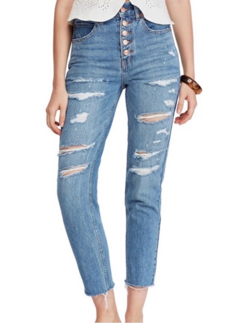 We The Free Free People Distressed High Rise Straight Crop Jeans Size 25 Button